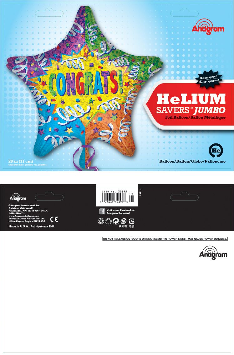 "Congrats" Star Satin Foil Balloon, Multi-Coloured, Confetti, 28-in, Helium Inflation & Ribbon Included for Graduation/Retirement Composite_or_Mixed