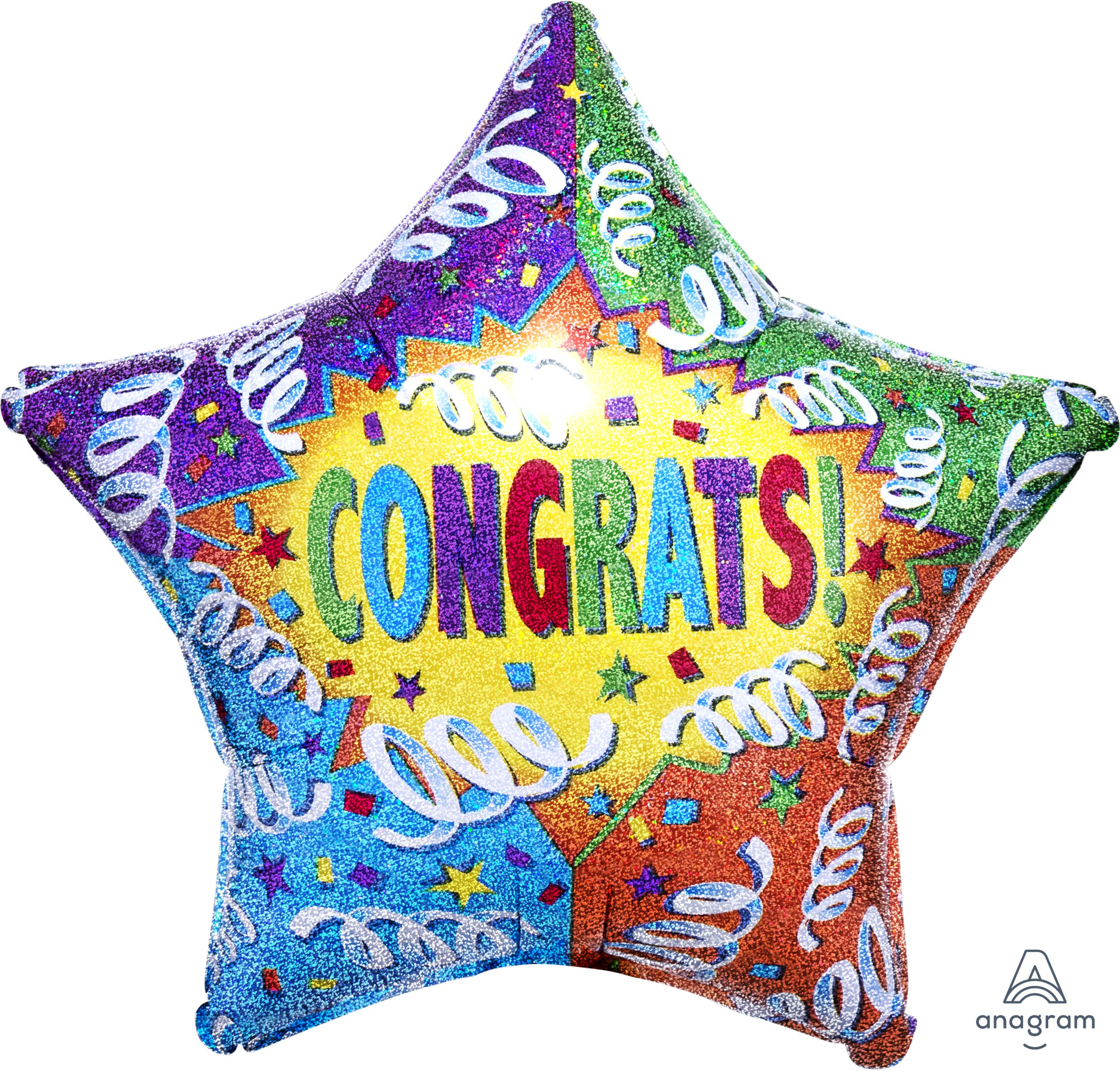 "Congrats" Star Satin Foil Balloon, Multi-Coloured, Streamers, 19-in, Helium Inflation & Ribbon Included for Graduation/Retirement Front_Flat