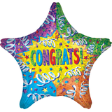 "Congrats" Star Satin Foil Balloon, Multi-Coloured, Streamers, 19-in, Helium Inflation & Ribbon Included for Graduation/Retirement Front_Flat