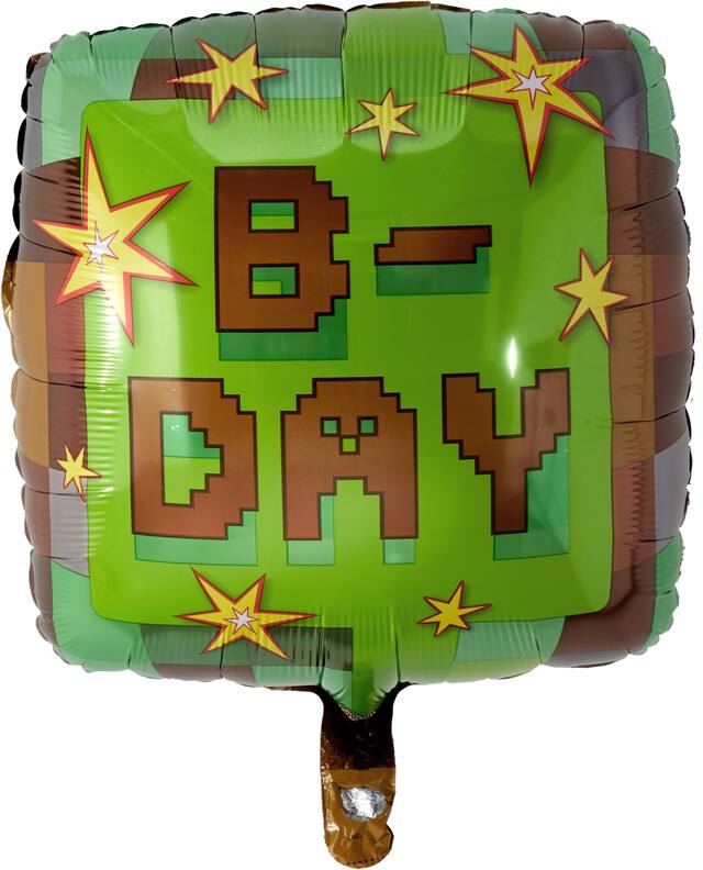 Ballon en aluminium satiné carré Pixel Party B-Day, vert/brun, 16,5 po, gonflement à l'hélium et ruban inclus, pour fête d'anniversaire Front_Flat