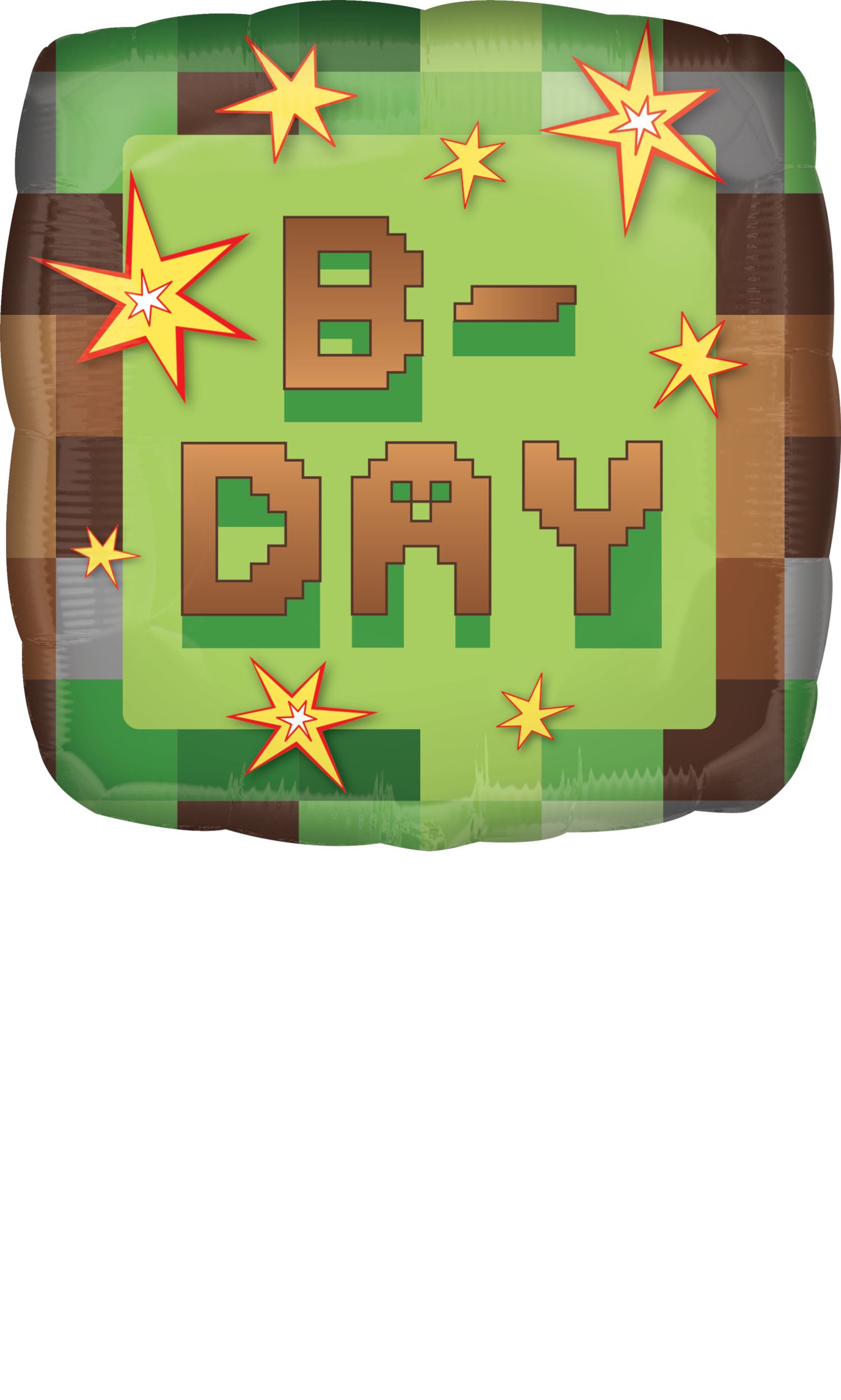 Pixel Party "B-Day" Square Satin Foil Balloon, Green/Brown, 16.5-in, Helium Inflation & Ribbon Included for Birthday Party Front_Flat