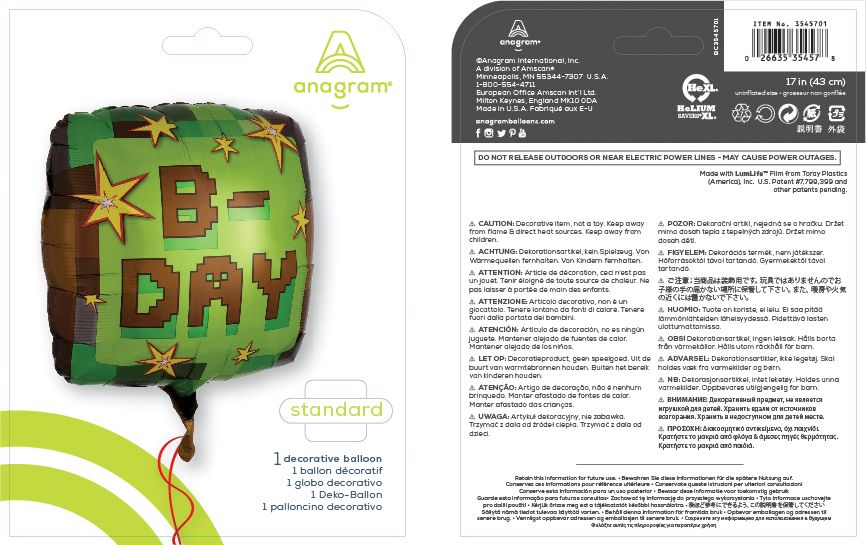 Pixel Party "B-Day" Square Satin Foil Balloon, Green/Brown, 16.5-in, Helium Inflation & Ribbon Included for Birthday Party Composite_or_Mixed