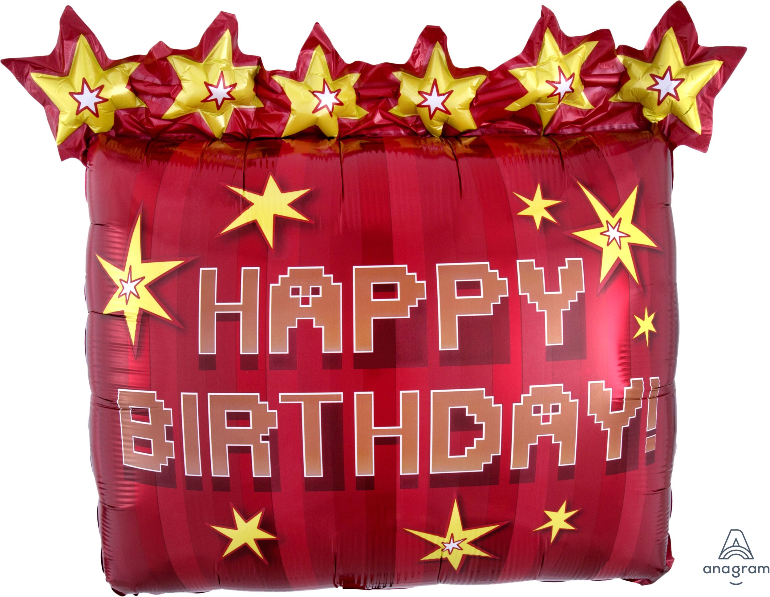 Pixel Party "Happy Birthday" Square Satin Foil Balloon, Red, 34-in, Helium Inflation & Ribbon Included for Birthday Party Front_Flat