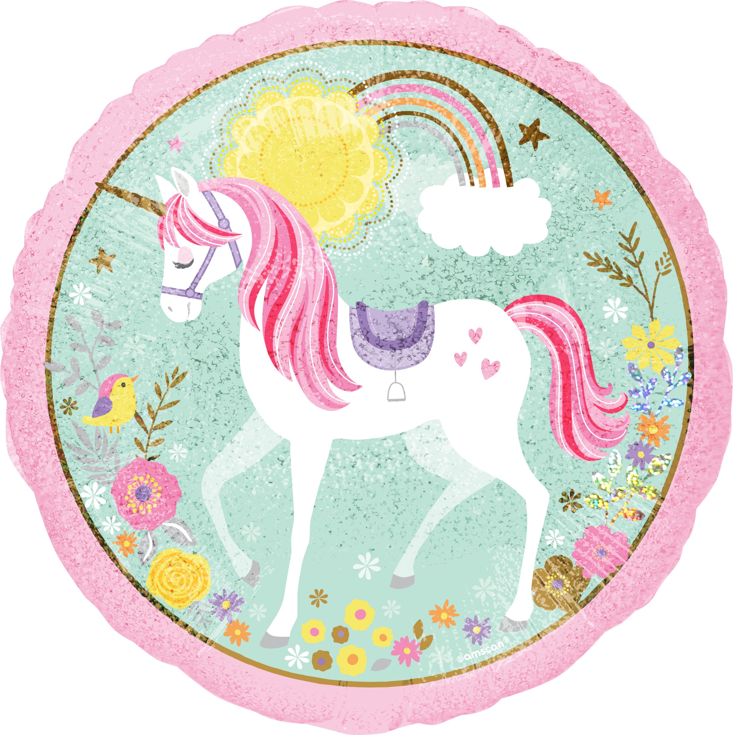 Ballon en aluminium satiné rond licorne Believe in Unicorns, rose/vert, 18 po, ruban et gonflage hélium compris, pour fête d'anniversaire Front_Flat