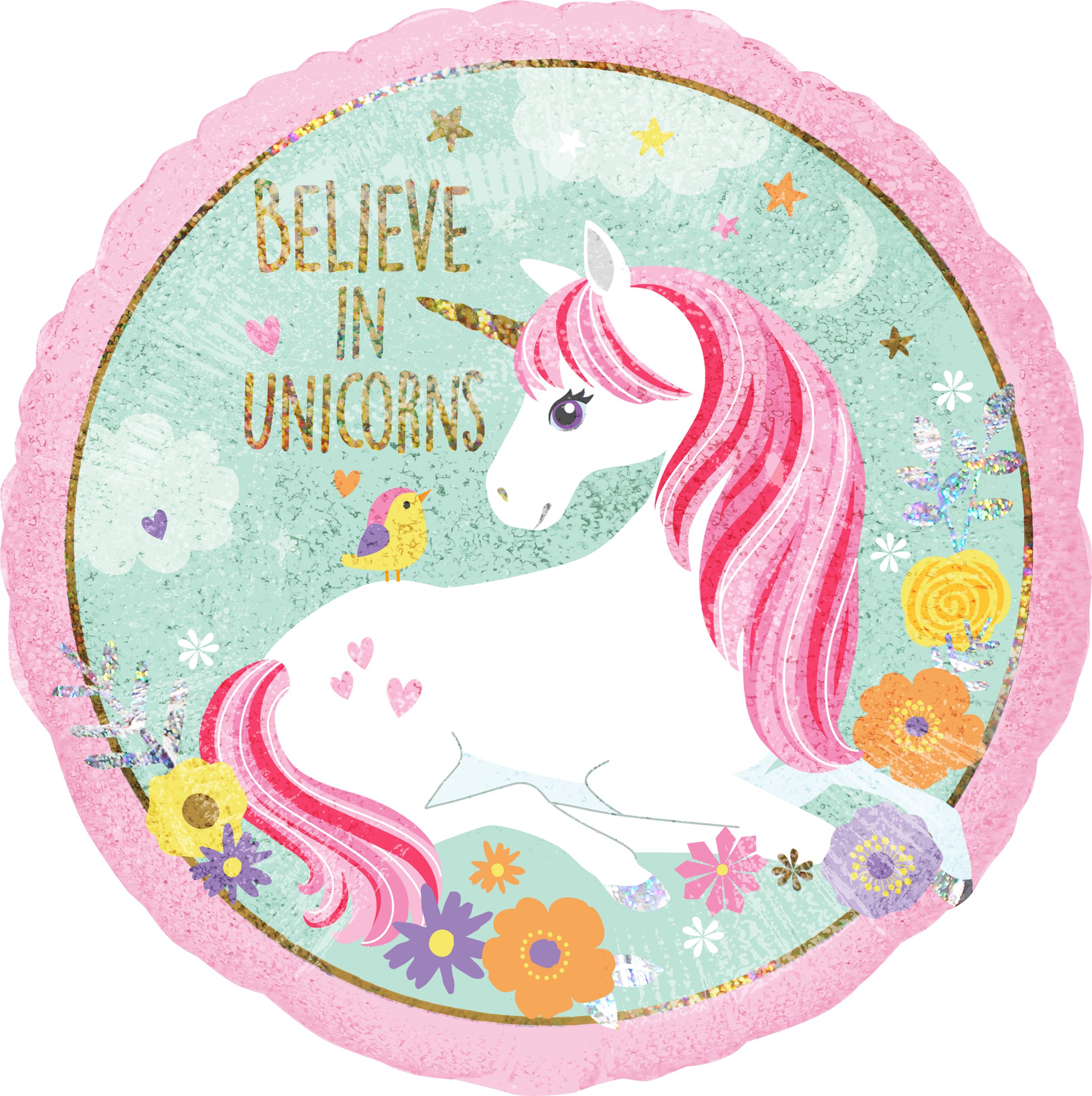 Ballon en aluminium satiné rond licorne Believe in Unicorns, rose/vert, 18 po, ruban et gonflage hélium compris, pour fête d'anniversaire Front_Flat