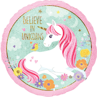 "Believe in Unicorns" Unicorn Round Satin Foil Balloon, Pink/Green, 18-in, Helium Inflation & Ribbon Included for Birthday Party