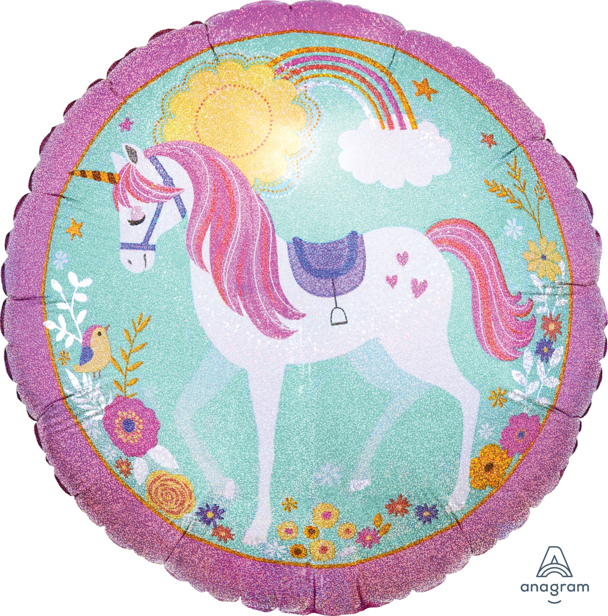 Ballon en aluminium satiné rond licorne Believe in Unicorns, rose/vert, 18 po, ruban et gonflage hélium compris, pour fête d'anniversaire Front_Flat
