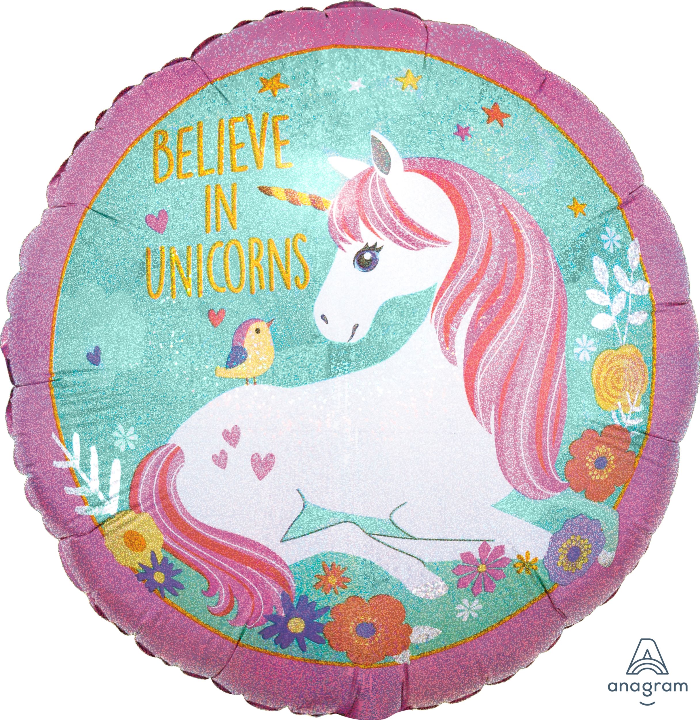 Ballon en aluminium satiné rond licorne Believe in Unicorns, rose/vert, 18 po, ruban et gonflage hélium compris, pour fête d'anniversaire Front_Flat
