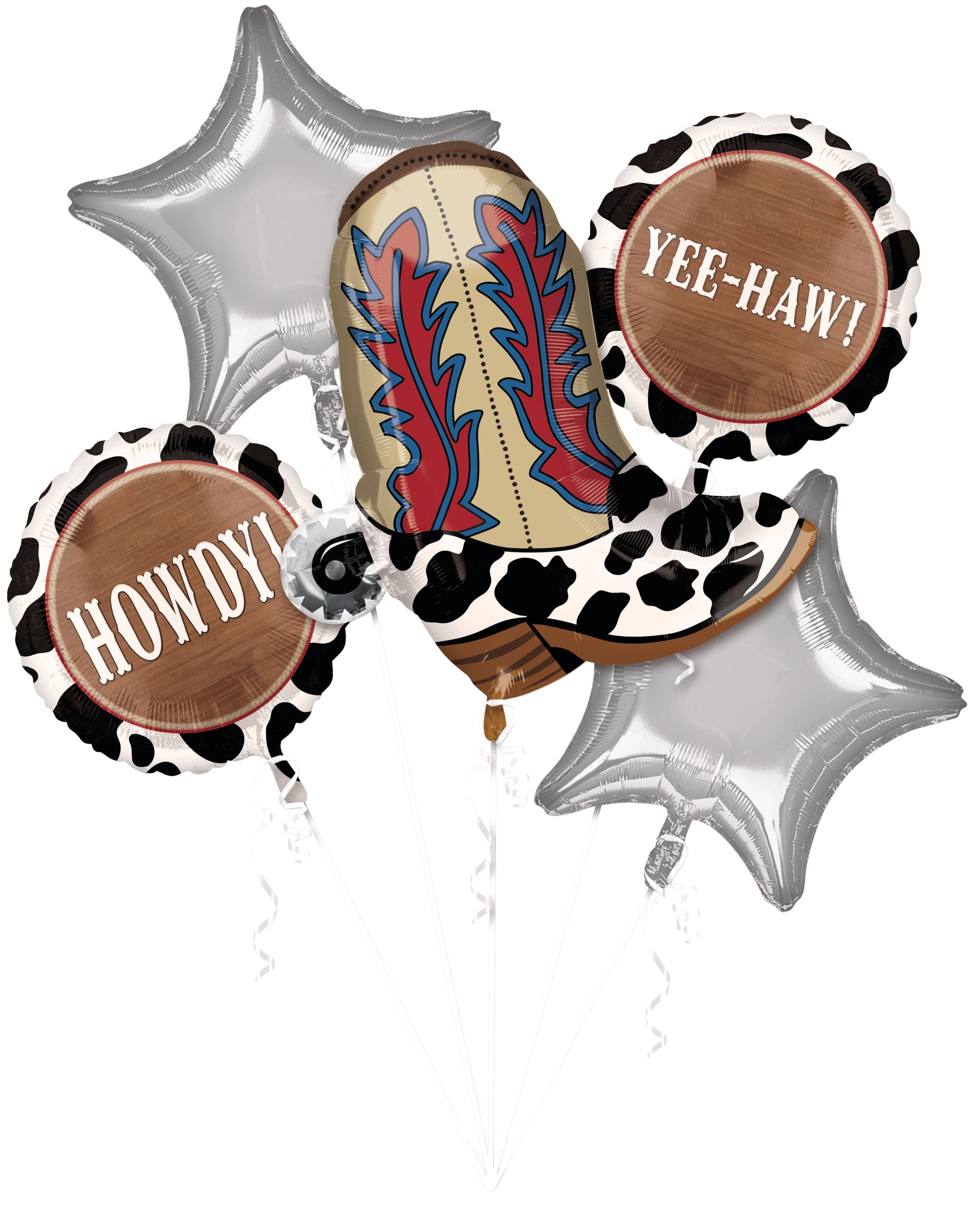 Western "Yee-Haw Howdy" Cowboy BootSatin Foil Balloon Bouquet, Brown/Silver, 5-pk, Helium Inflation & Ribbon Included for Cowboy/Cowgirl Party Front_Flat