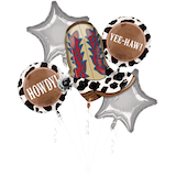 Western "Yee-Haw Howdy" Cowboy BootSatin Foil Balloon Bouquet, Brown/Silver, 5-pk, Helium Inflation & Ribbon Included for Cowboy/Cowgirl Party Front_Flat