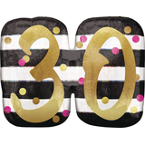 Prismatic Pink & Gold "30" Round Satin Foil Balloon, Black/White, Striped, 25-in, Helium Inflation & Ribbon Included for Birthday Party Front_Flat
