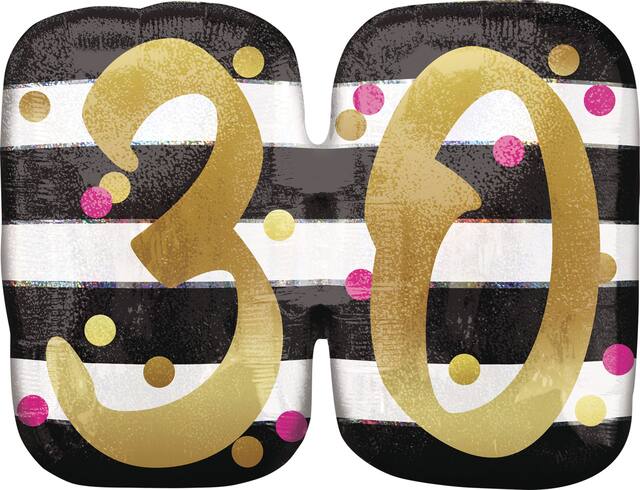 Prismatic Pink & Gold "30" Round Satin Foil Balloon, Black/White, Striped, 25-in, Helium Inflation & Ribbon Included for Birthday Party Front_Flat