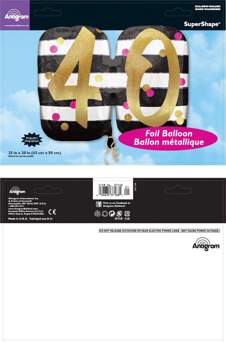 Prismatic Pink & Gold "40" Round Satin Foil Balloon, Black/White, Striped, 25-in, Helium Inflation & Ribbon Included for Birthday Party Composite_or_Mixed