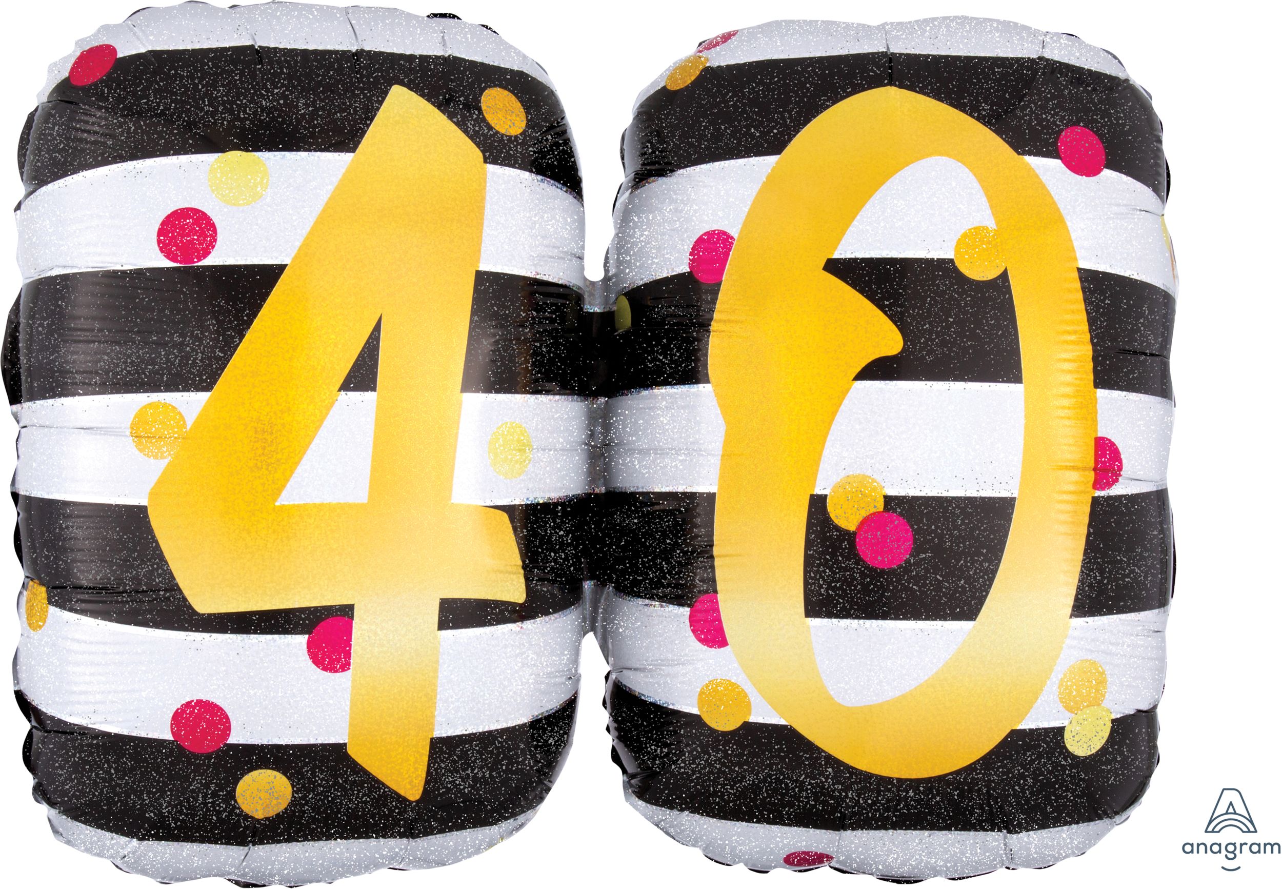 Prismatic Pink & Gold "40" Round Satin Foil Balloon, Black/White, Striped, 25-in, Helium Inflation & Ribbon Included for Birthday Party