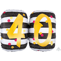 Prismatic Pink & Gold "40" Round Satin Foil Balloon, Black/White, Striped, 25-in, Helium Inflation & Ribbon Included for Birthday Party Front_Flat