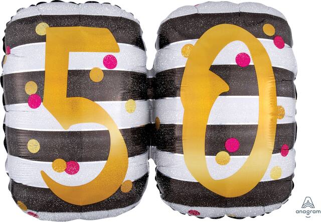 Prismatic Pink & Gold "50" Round Satin Foil Balloon, Black/White, Striped, 25-in, Helium Inflation & Ribbon Included for Birthday Party Front_Flat