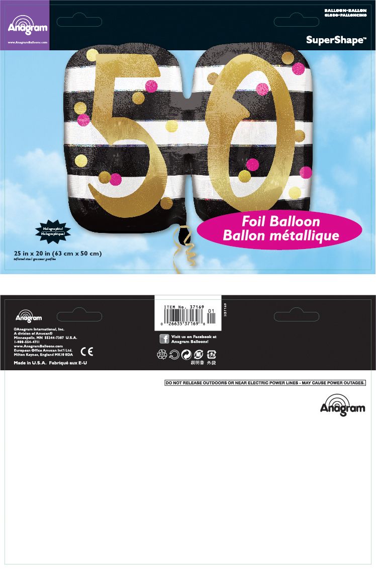 Prismatic Pink & Gold "50" Round Satin Foil Balloon, Black/White, Striped, 25-in, Helium Inflation & Ribbon Included for Birthday Party Composite_or_Mixed