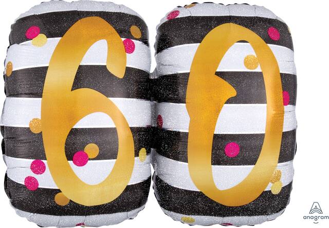 Prismatic Pink & Gold "60" Round Satin Foil Balloon, Black/White, Striped, 25-in, Helium Inflation & Ribbon Included for Birthday Party Front_Flat