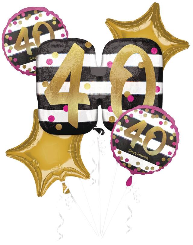 40th Birthday Foil Balloon Bouquet, Helium Inflation Included, Black/White/Gold/Pink, 5-pc Front_Flat