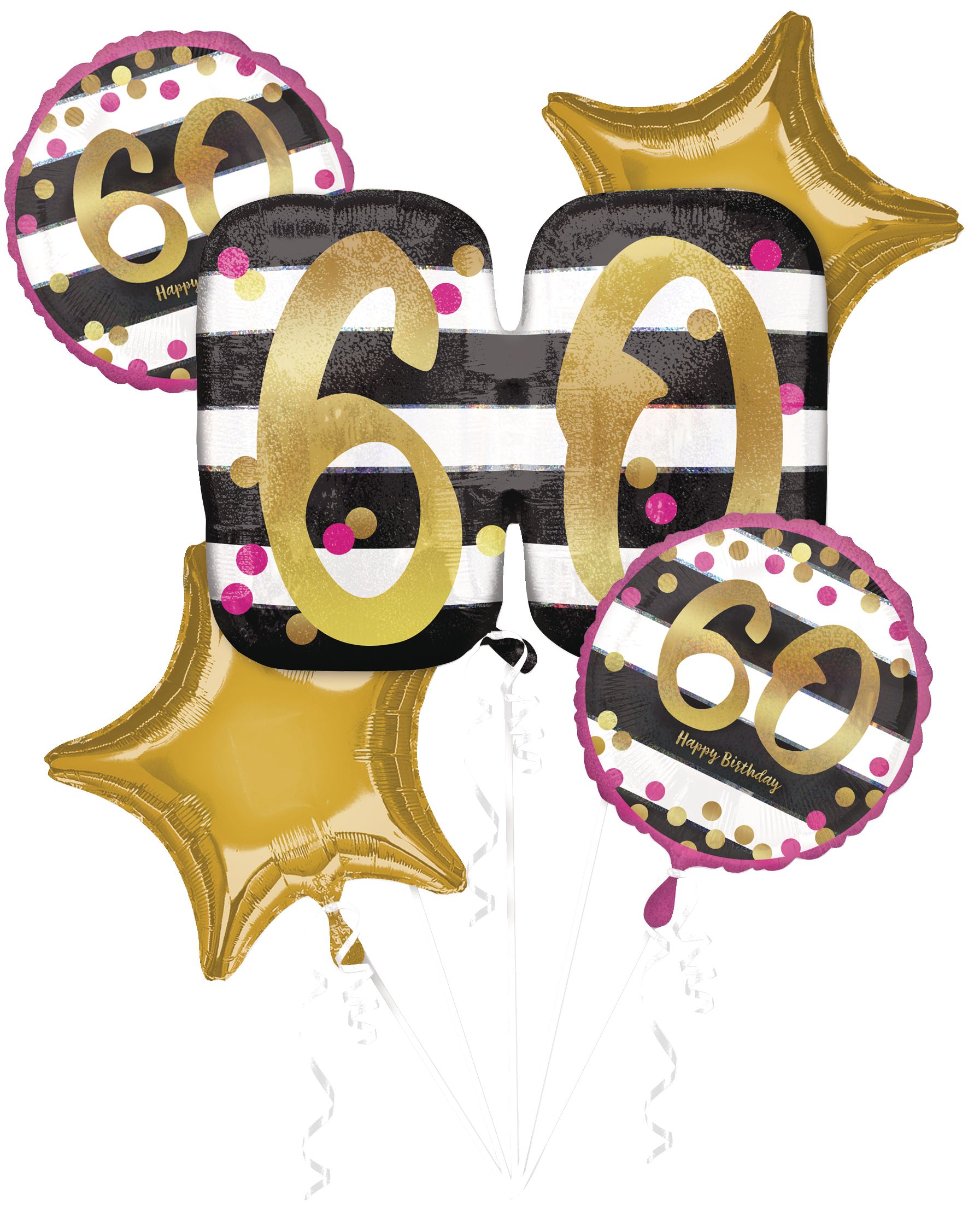 Bouquet de ballons en aluminium pour 60e&nbsp;anniversaire, gonflage à l’hélium compris, noir/blanc/or/rose, paq. 5 Front_Flat