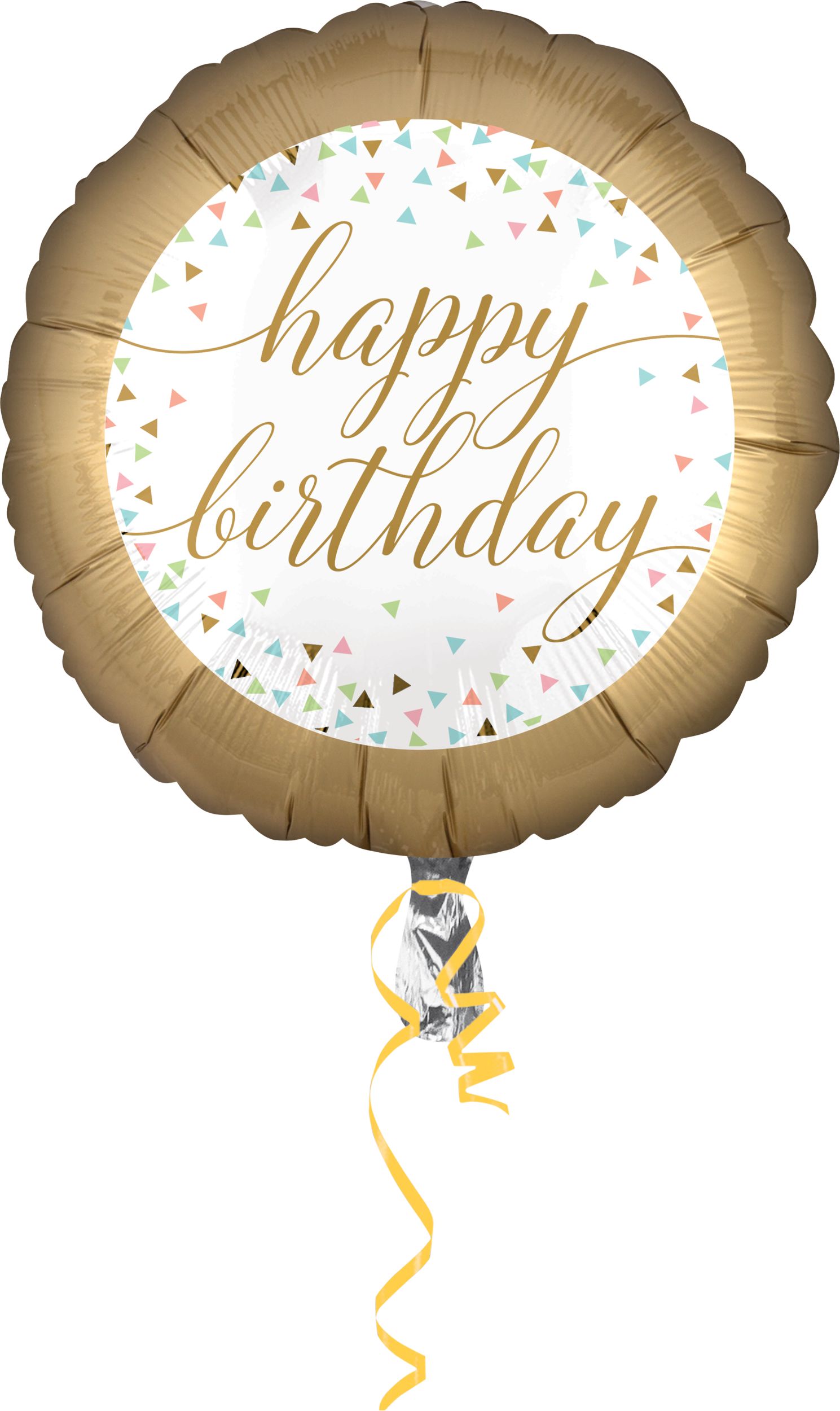 Ballon en aluminium satiné rond Happy Birthday, blanc/or, 16,5 po, gonflement à l'hélium et ruban inclus, pour fête d'anniversaire Front_Flat