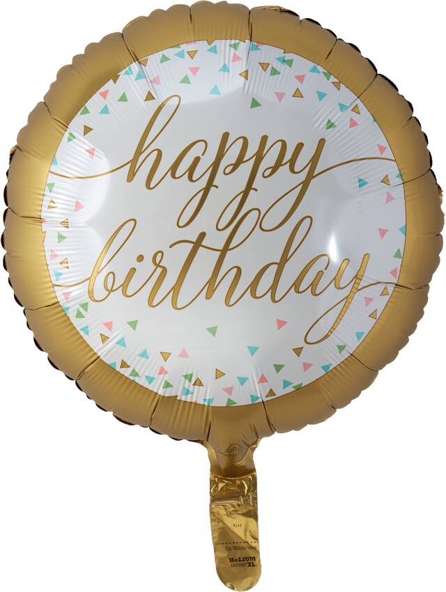 Ballon en aluminium satiné rond Happy Birthday, blanc/or, 16,5 po, gonflement à l'hélium et ruban inclus, pour fête d'anniversaire Front_Flat