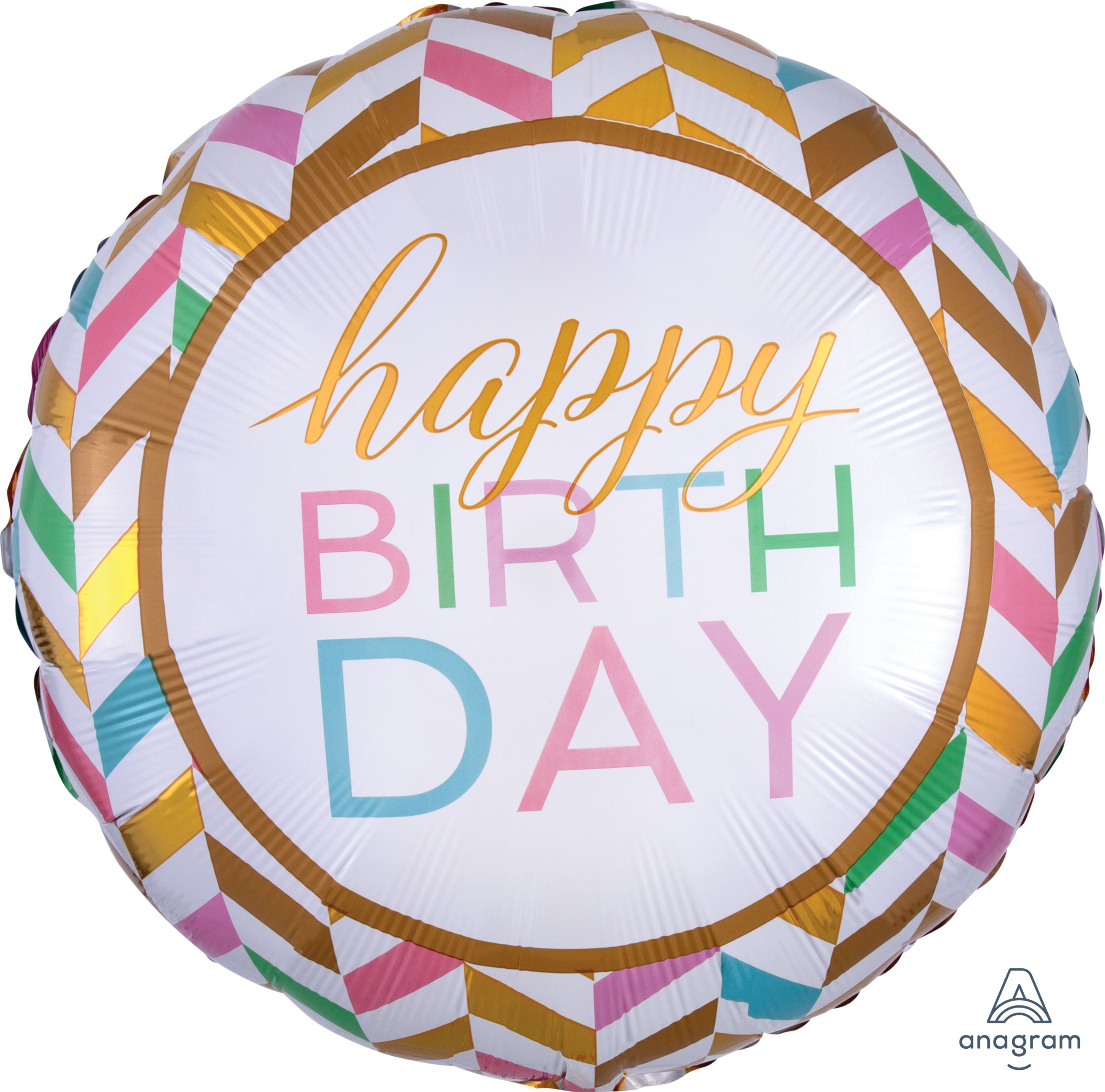 "Happy Birthday" Round Satin Foil Balloon, Gold/White, Striped, 27-in, Helium Inflation & Ribbon Included for Birthday Party Front_Flat
