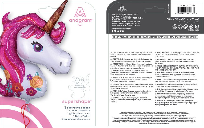 Anagram Int'l Inc. Unicorn Satin Foil Balloon, Pink/White, 33-in, Helium Inflation & Ribbon Included Composite_or_Mixed