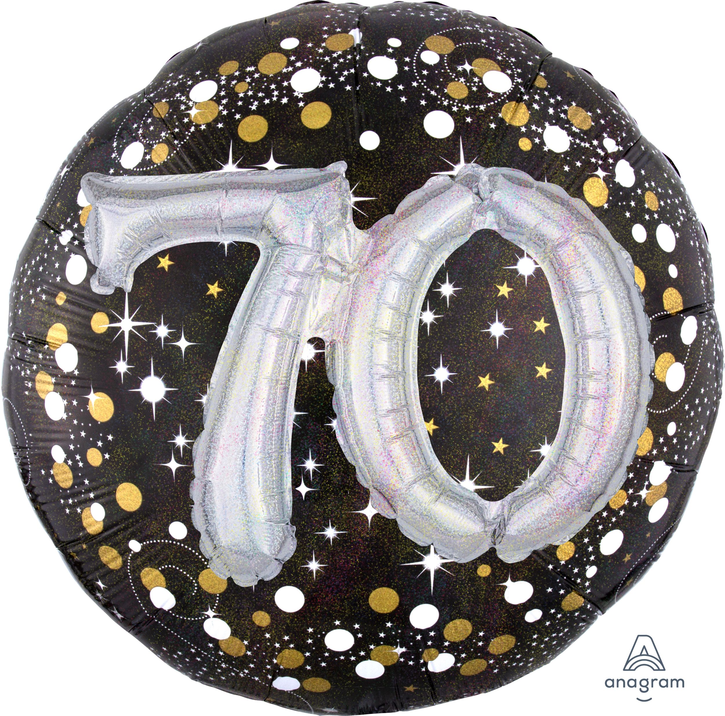 Sparkling Celebration "70" 3D Round Satin Foil Balloon, Black/Gold, Polka Dot, 36-in, Helium Inflation & Ribbon Included for Birthday Party Front_Flat