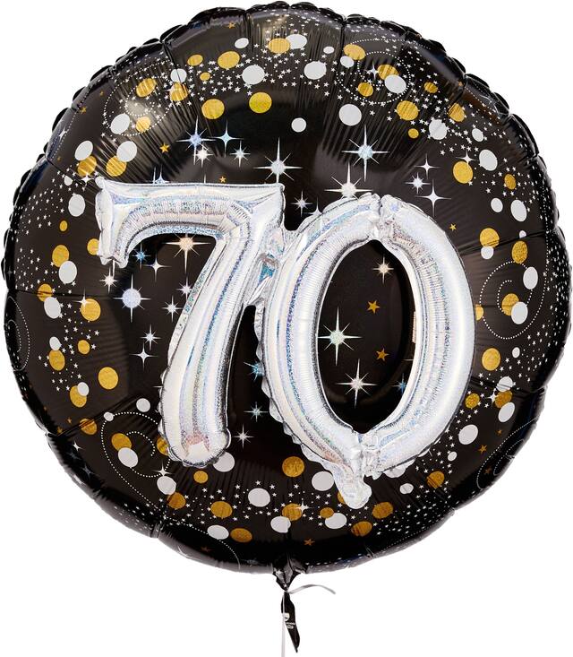 Sparkling Celebration "70" 3D Round Satin Foil Balloon, Black/Gold, Polka Dot, 36-in, Helium Inflation & Ribbon Included for Birthday Party Front_Flat