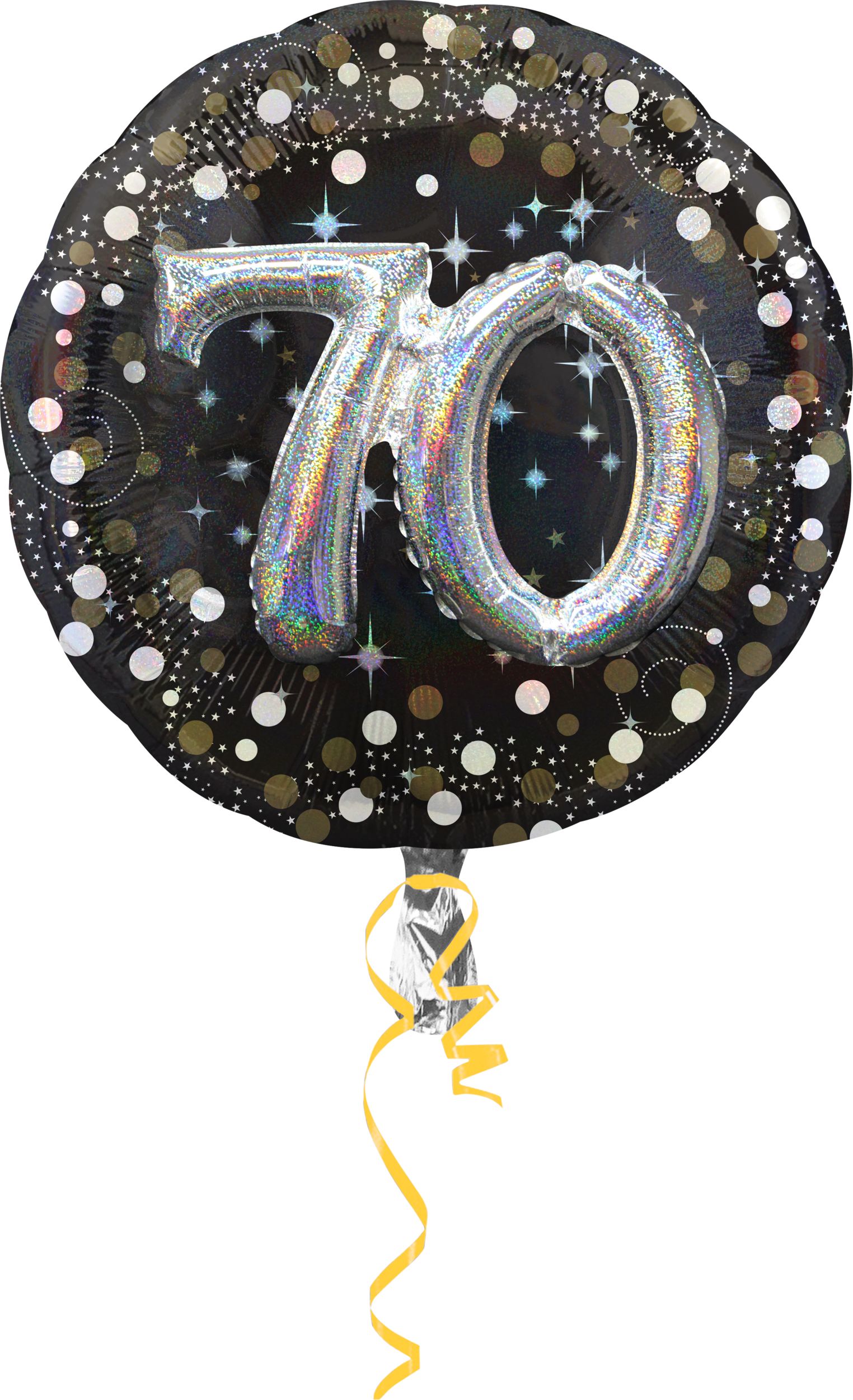 Sparkling Celebration "70" 3D Round Satin Foil Balloon, Black/Gold, Polka Dot, 36-in, Helium Inflation & Ribbon Included for Birthday Party Front_Flat
