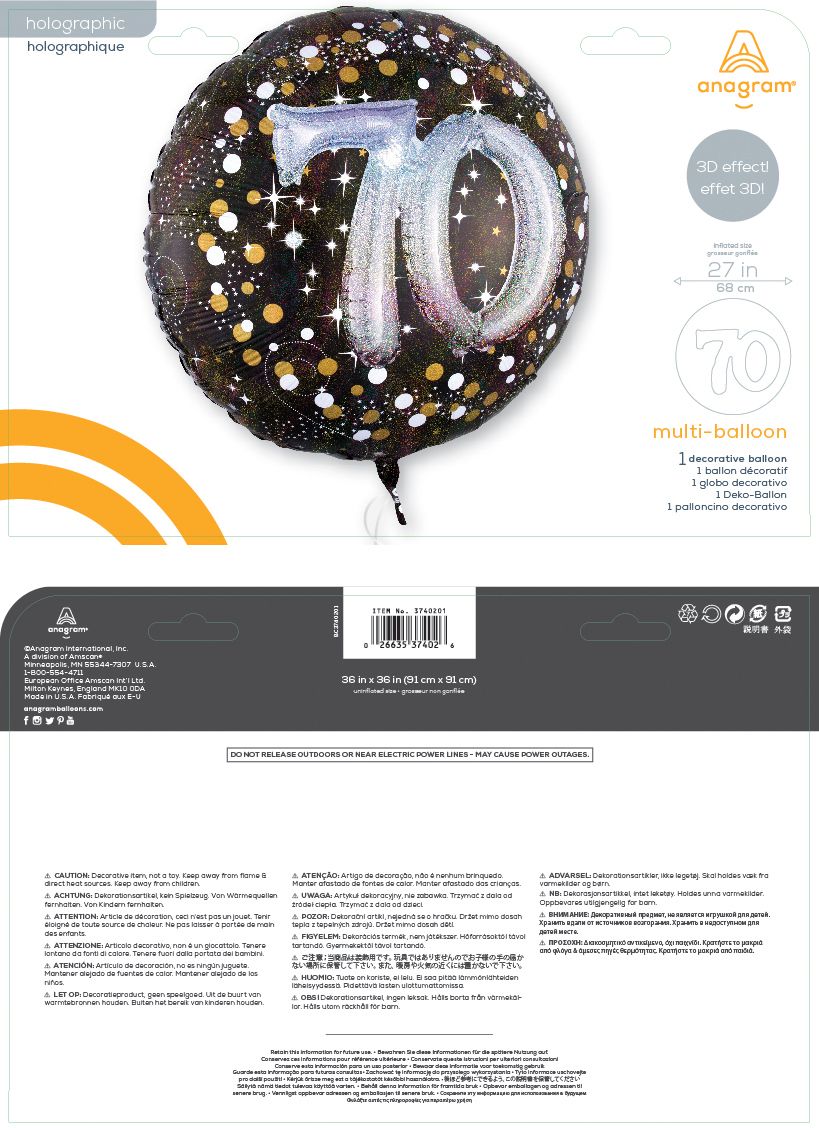 Sparkling Celebration "70" 3D Round Satin Foil Balloon, Black/Gold, Polka Dot, 36-in, Helium Inflation & Ribbon Included for Birthday Party Composite_or_Mixed