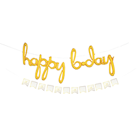 Air-Filled "Happy Bday" Cursive Letter Foil Balloons with Pennant Banner, Gold Front_Flat