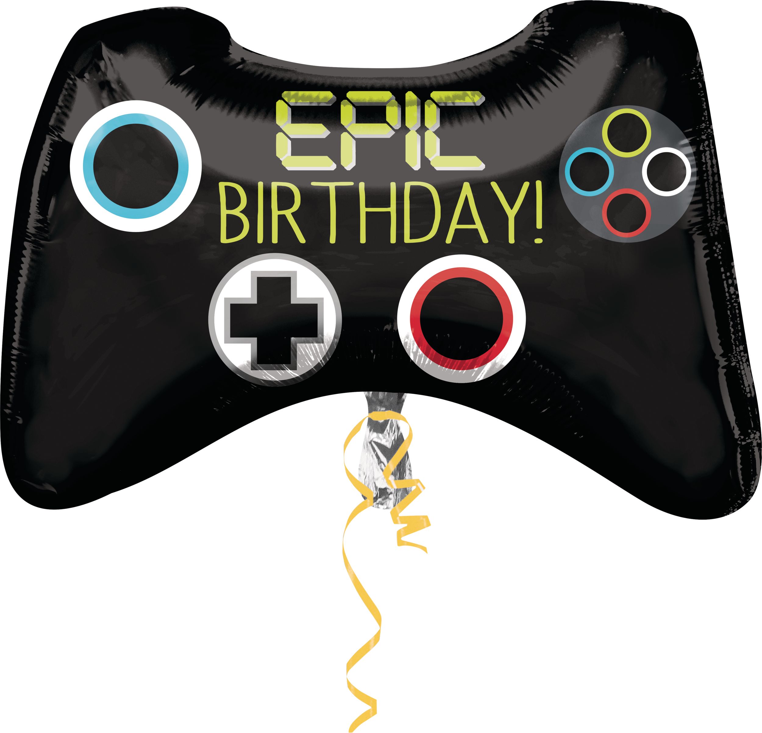 Ballon en aluminium satiné manette de jeu Level Up Epic Birthday, noir, 32 po, gonflement à l'hélium et ruban inclus, pour fête d'anniversaire Front_Flat