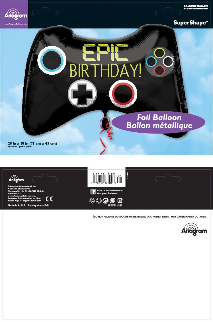 Ballon en aluminium satiné manette de jeu Level Up Epic Birthday, noir, 32 po, gonflement à l'hélium et ruban inclus, pour fête d'anniversaire Composite_or_Mixed