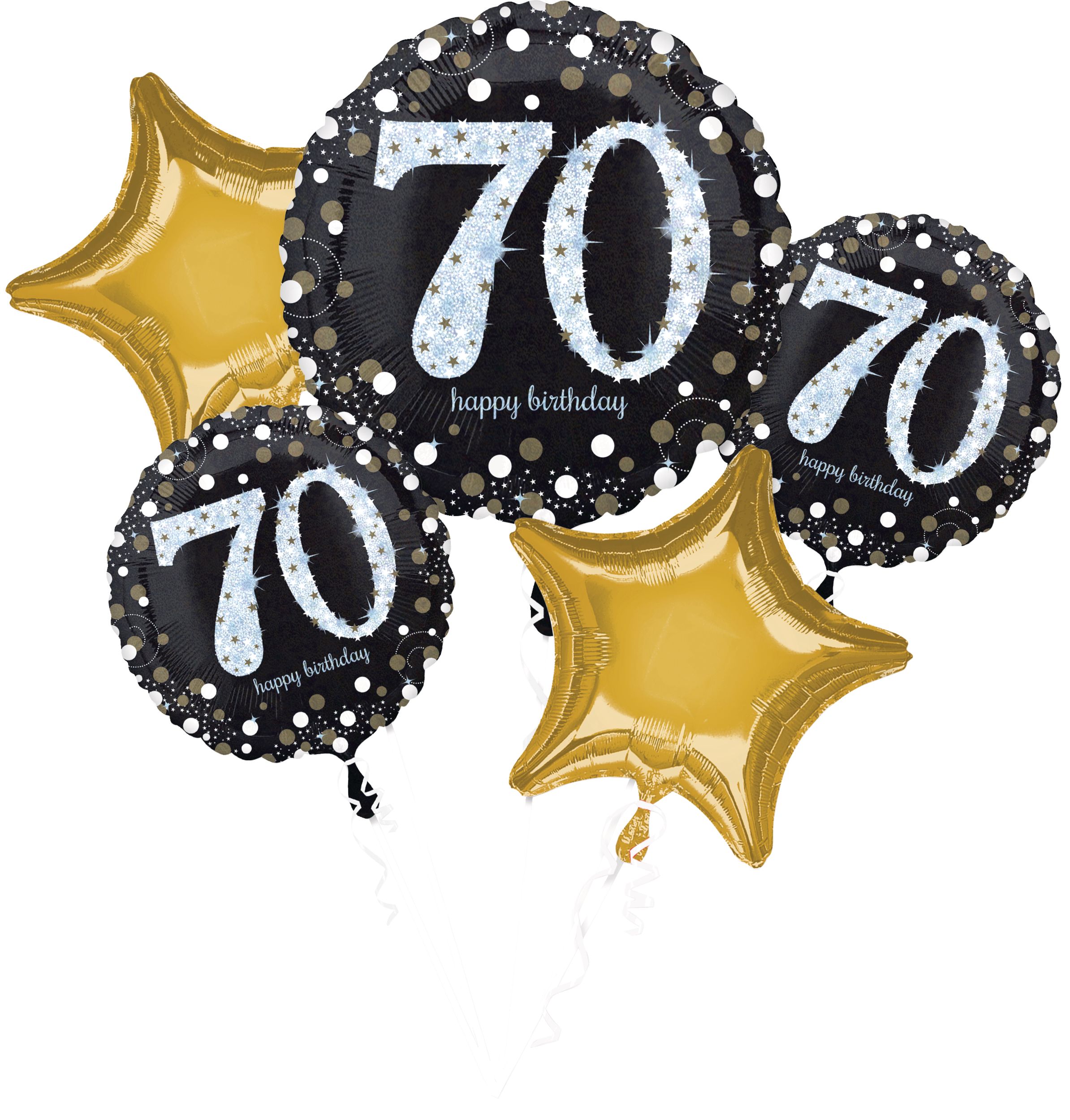 Sparkling Celebration "Happy 70th Birthday"Star  Satin Foil Balloon Bouquet, Black/Gold, 5-pk, Helium Inflation & Ribbon Included for Birthday Party Front_Flat