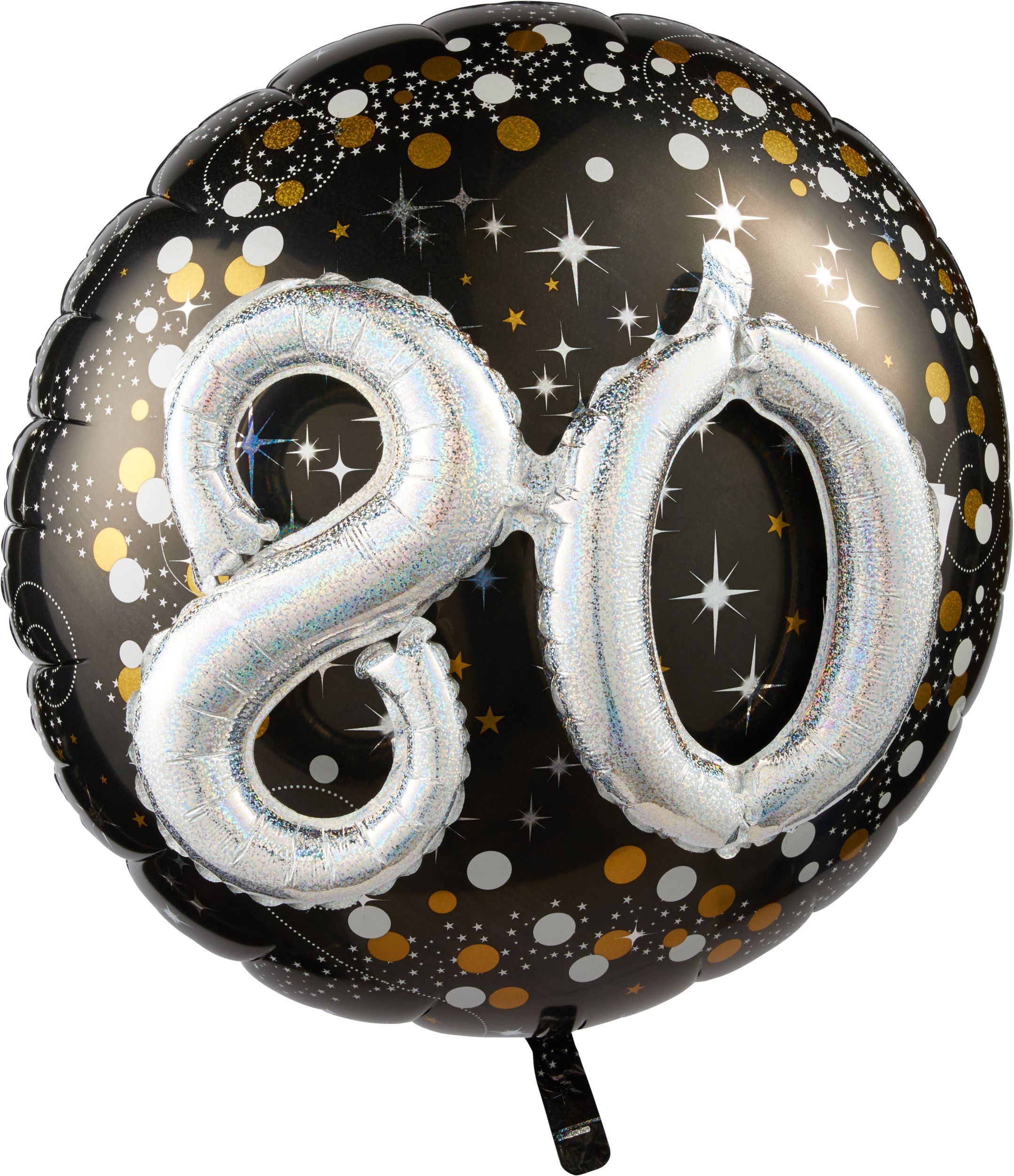 Sparkling Celebration "80" 3D Round Satin Foil Balloon, Black/Gold, Polka Dot, 36-in, Helium Inflation & Ribbon Included for Birthday Party Front_Flat