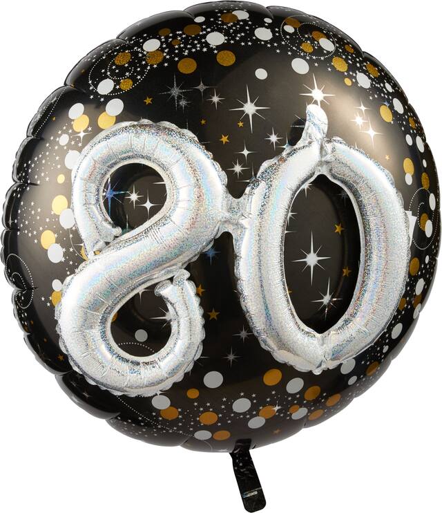 Ballon en aluminium satiné rond 3D célébration étincelante 80, noir/or, à pois, 36 po, gonflement à l'hélium et ruban inclus, pour fête d'anniversaire Front_Flat