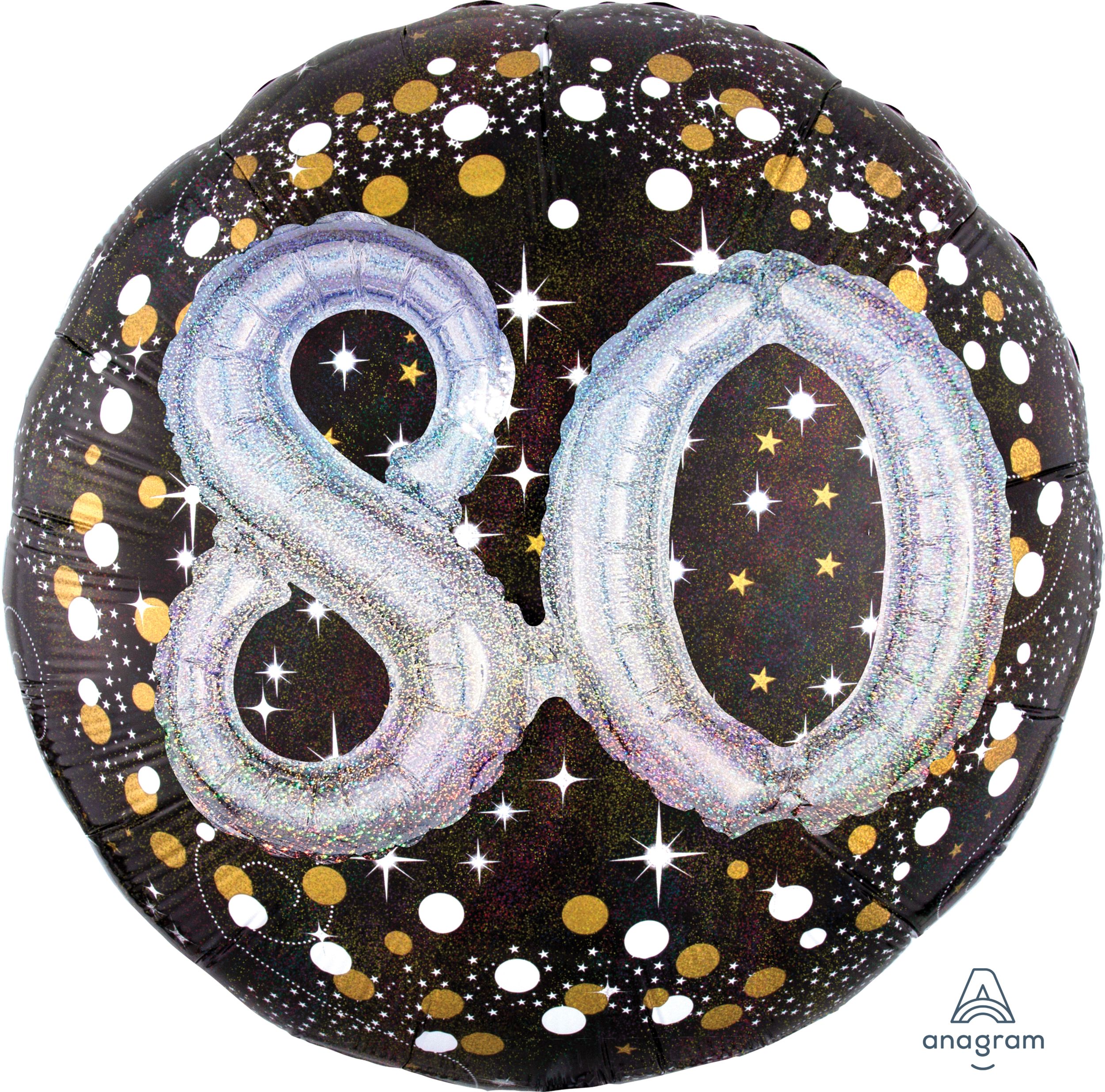Sparkling Celebration "80" 3D Round Satin Foil Balloon, Black/Gold, Polka Dot, 36-in, Helium Inflation & Ribbon Included for Birthday Party Front_Flat