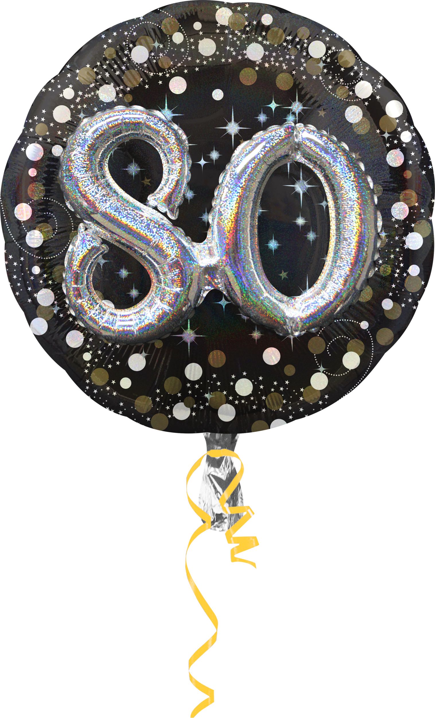 Sparkling Celebration "80" 3D Round Satin Foil Balloon, Black/Gold, Polka Dot, 36-in, Helium Inflation & Ribbon Included for Birthday Party Front_Flat