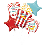 "Welcome to the Carnival" Popcorn/Star Satin Foil Balloon Bouquet, Red/Blue, Striped, 5-pk, Helium Inflation & Ribbon Included for Circus Party Front_Flat