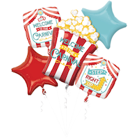 "Welcome to the Carnival" Popcorn/Star Satin Foil Balloon Bouquet, Red/Blue, Striped, 5-pk, Helium Inflation & Ribbon Included for Circus Party Front_Flat