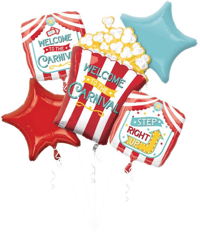 "Welcome to the Carnival" Popcorn/Star Satin Foil Balloon Bouquet, Red/Blue, Striped, 5-pk, Helium Inflation & Ribbon Included for Circus Party Front_Flat