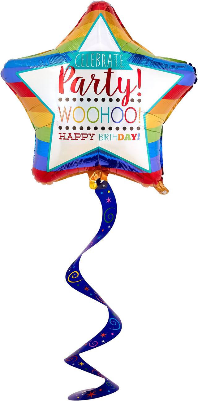 Rainbow Happy Birthday Star Balloon with Swirl Tail Front_Flat