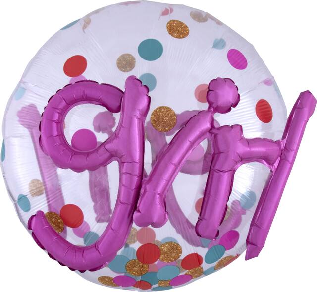 "Girl" 3D Round Satin Foil Balloon, Pink, Polka Dot, 36-in, Helium Inflation & Ribbon Included for Baby Shower Front_Flat