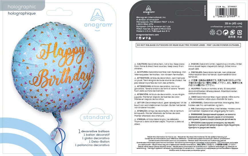 "Happy Birthday" Round Satin Foil Balloon, Blue/Gold, 18-in, Helium Inflation & Ribbon Included for Birthday Party Composite_or_Mixed