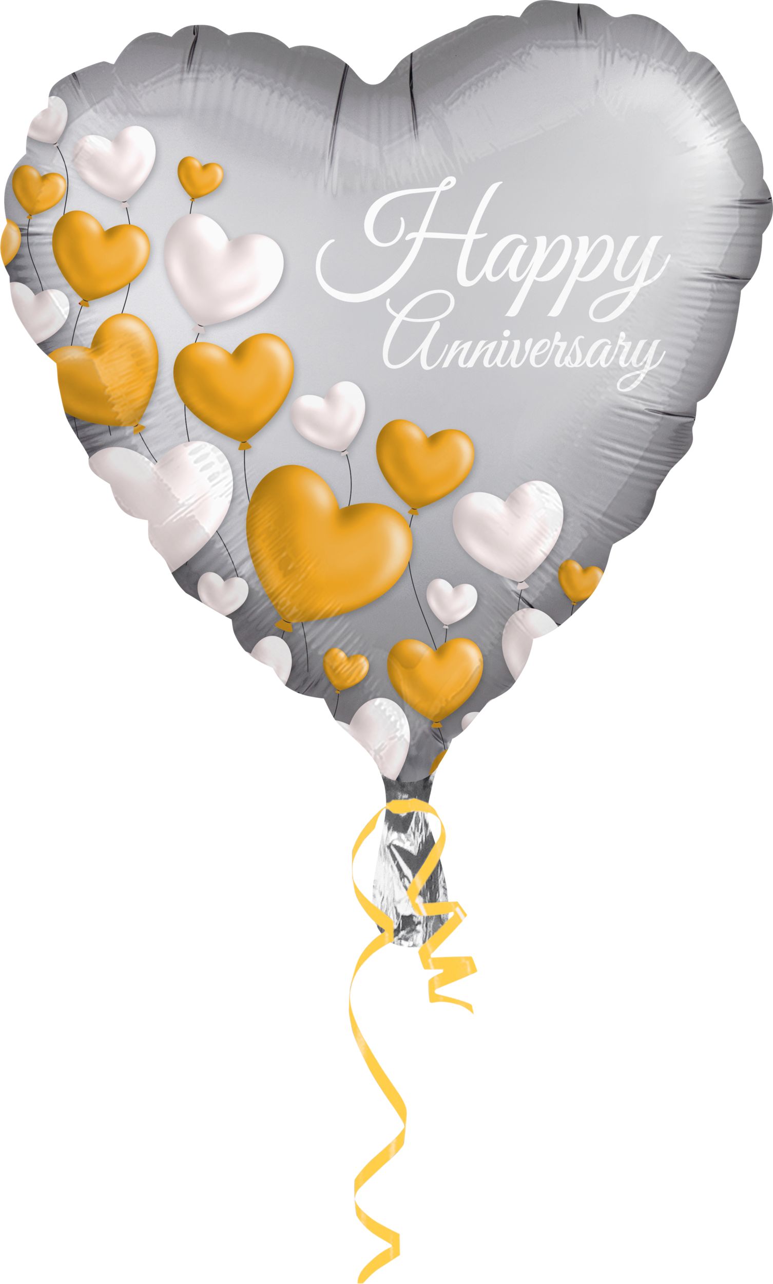 Ballon en aluminium satiné coeur Happy Anniversary, argent/or, 17 po, gonflement à l'hélium et ruban inclus, pour l'Action de grâce Front_Flat