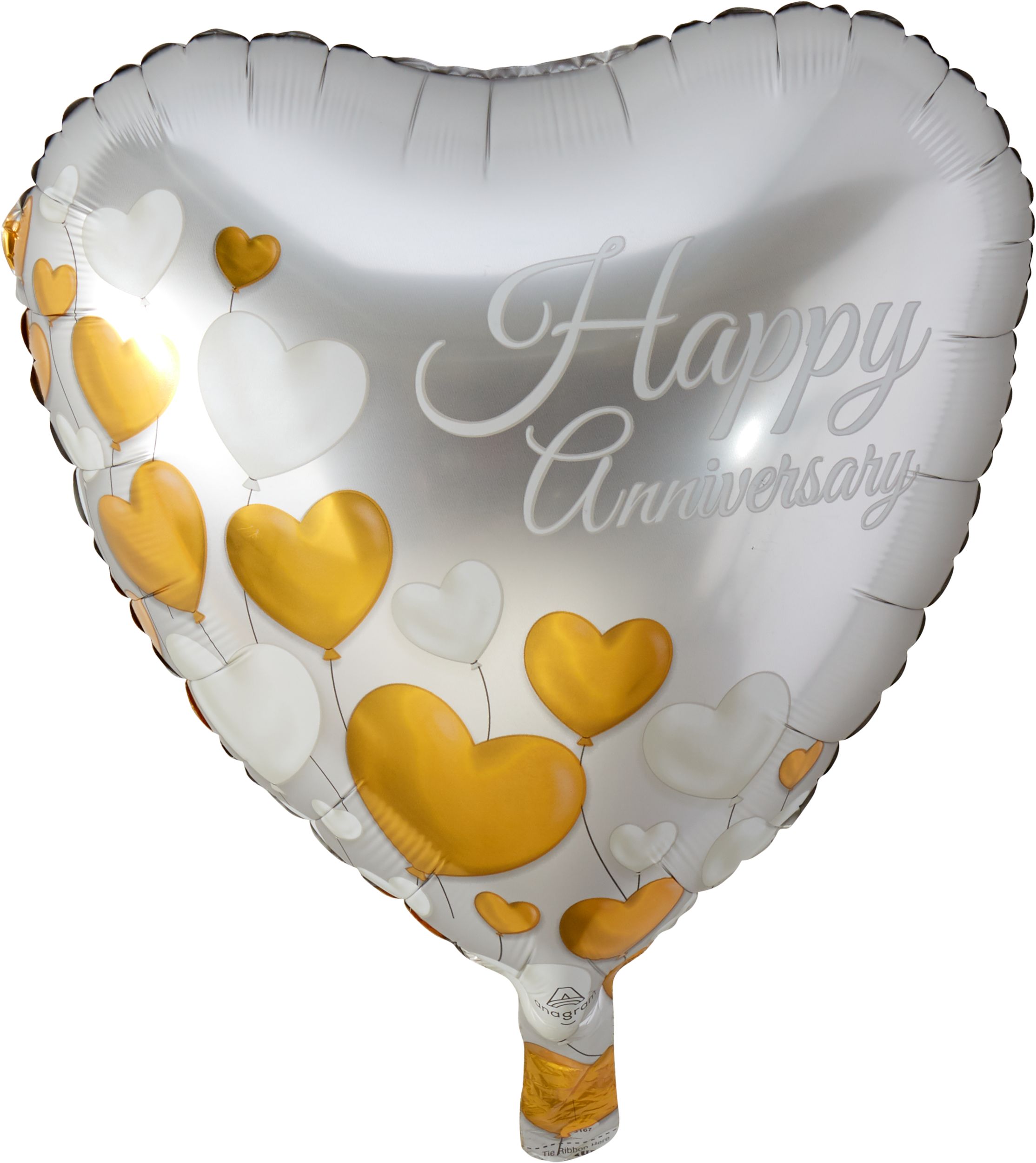 Ballon en aluminium satiné coeur Happy Anniversary, argent/or, 17 po, gonflement à l'hélium et ruban inclus, pour l'Action de grâce Front_Flat