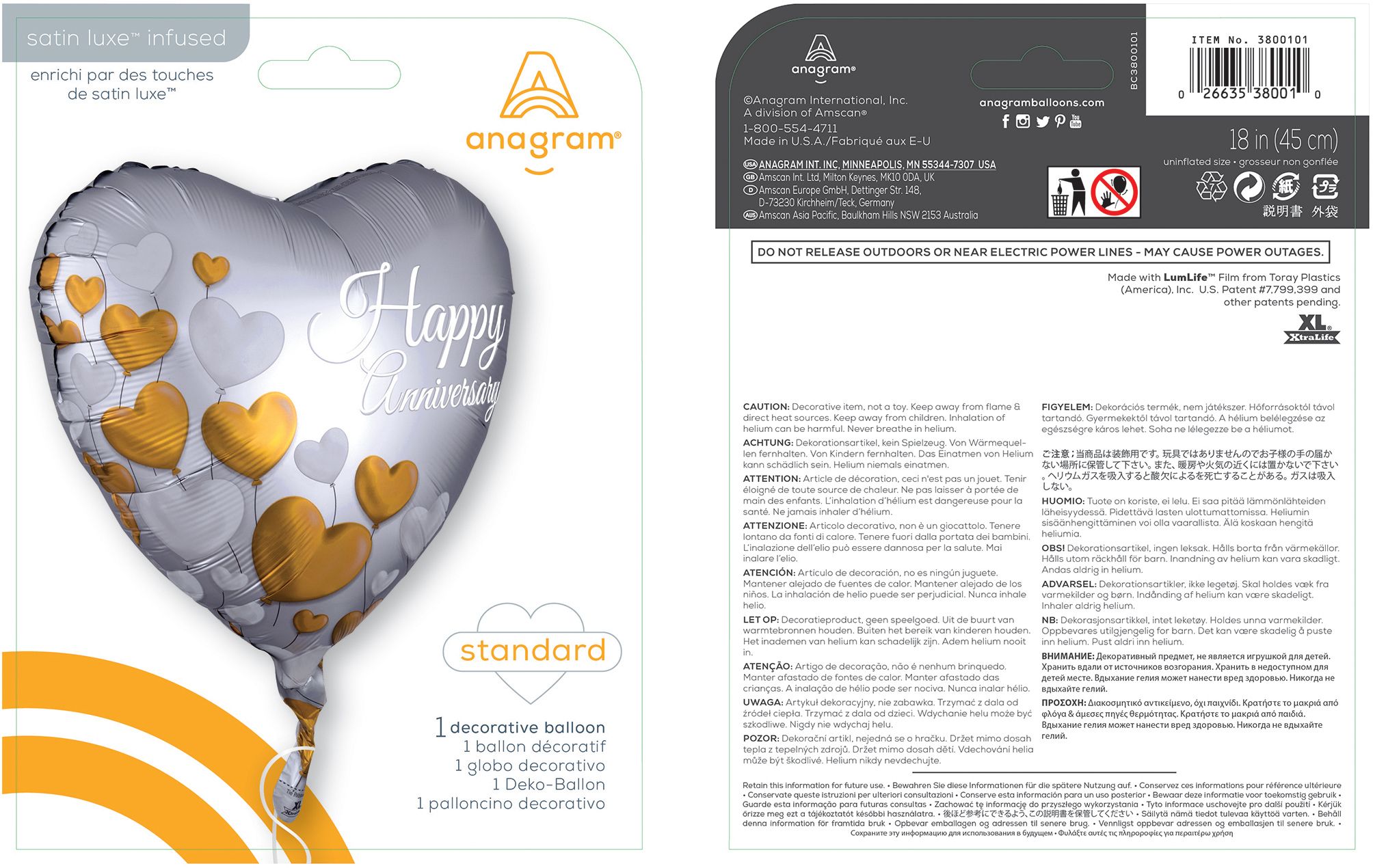 Ballon en aluminium satiné coeur Happy Anniversary, argent/or, 17 po, gonflement à l'hélium et ruban inclus, pour l'Action de grâce Composite_or_Mixed