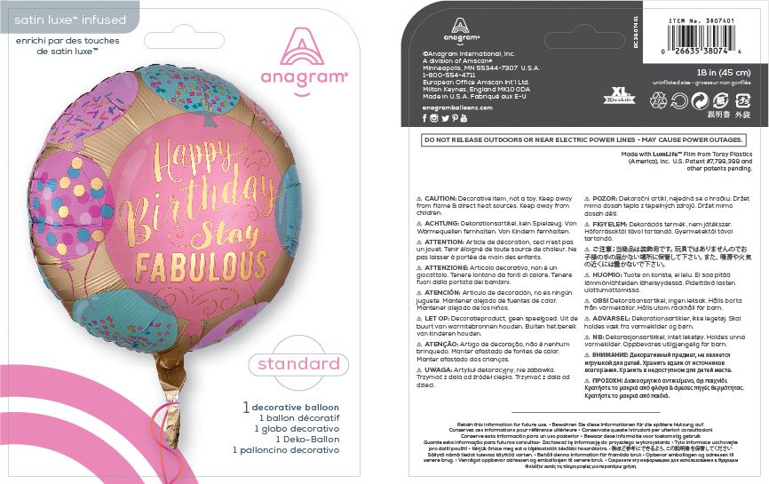 "Happy Birthday Stay Fabulous" Round Satin Foil Balloon, Gold/Pink/Blue, Confetti, 16.5-in, Helium Inflation & Ribbon Included for Birthday Party Composite_or_Mixed